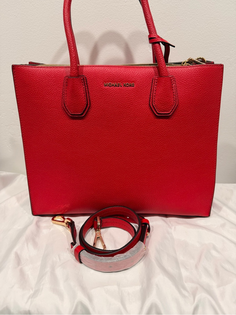 Michael Kors Red Pebbled Leather Tote with Detachable Strap